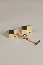 Midcentury 1950s mens accessories tie tack and cufflinks set goldtone checkerboard design rockabilly