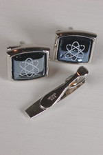 silvertone metal hematite glass atomic starburst symbol tie clip cufflinks set 1950s 60s scientist gift