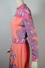 early 70s maxi dress Paganne op-art floral geometric print jersey pink purple size S M 36 to 40 inch bust