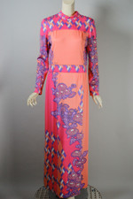 early 70s maxi dress Paganne op-art floral geometric print jersey pink purple size S M 36 to 40 inch bust