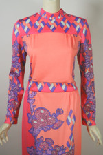 early 70s maxi dress Paganne op-art floral geometric print jersey pink purple size S M 36 to 40 inch bust