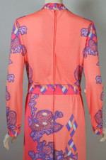 early 70s maxi dress Paganne op-art floral geometric print jersey pink purple size S M 36 to 40 inch bust