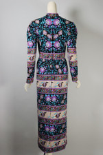 late 1960s 70s maxi dress Mr Dino Art Nouveau floral purple black jersey size M 40 inch bust 32 waist