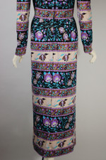 late 1960s 70s maxi dress Mr Dino Art Nouveau floral purple black jersey size M 40 inch bust 32 waist