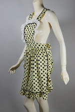 yellow black polka dots bib apron 1940s lace trim pin-up style 29 inch waist XS-M
