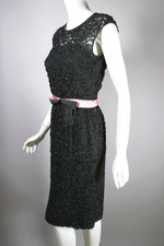 Cocktail dress 1960s black size S 27 inch waist sheer mesh ribbon 