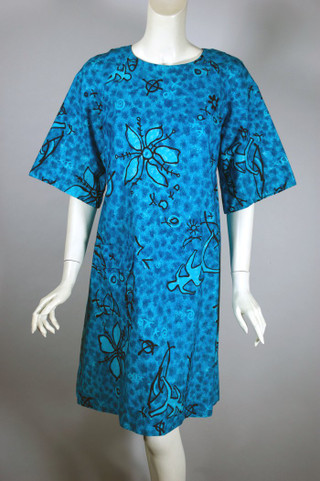 Mid-century modern Hawaiian print dress 1960s shirt A-line aqua blue M