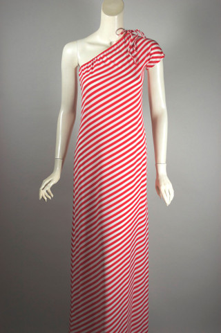 One-shoulder 70 maxi dress red white stripes Jeannene Booher XS-S