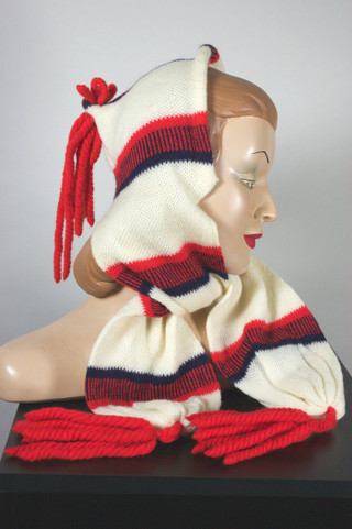 late 1940s early 1950s pixie hat attached scarf striped wool knit tassels