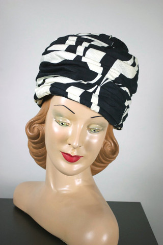 High crown turban hat 1960s black white swirl print fabric