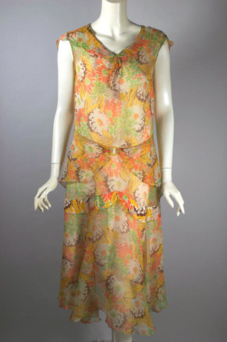 1920s 1930s floral print silk chiffon garden party dress orange yellow  XS