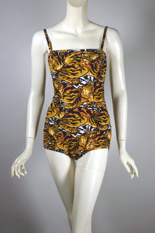 Novelty print swimsuit 1950s 1960s tigers animal print bathing suit XS