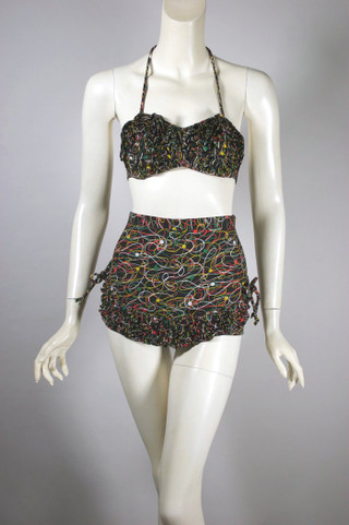 Late 1940s early 1950s swimsuit pin-up halter top 2-piece black atomic print XS 23 waist