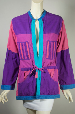 reversible travel jacket safari style patch pockets 80s ladies S-M cotton bright pink blue