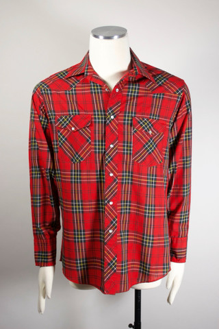 Wrangler western shirt 1970s mens M red plaid pearl snaps cowboy style