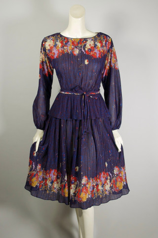 purple fall floral 1970s peplum top and skirt set S-M 26 to 32 inch waist