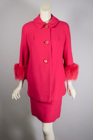 Bright hot pink wool fox fur trim mid 1960s skirt suit womens size S 28 inch waist