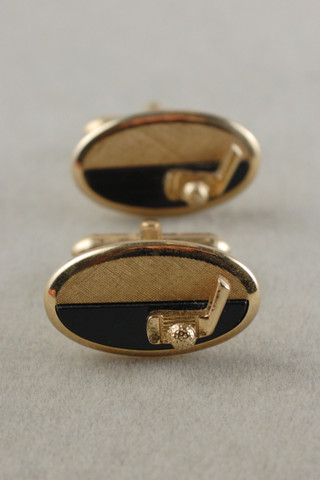 vintage midcentury cufflinks SWANK golf theme putter ball goldtone metal black golfer gift