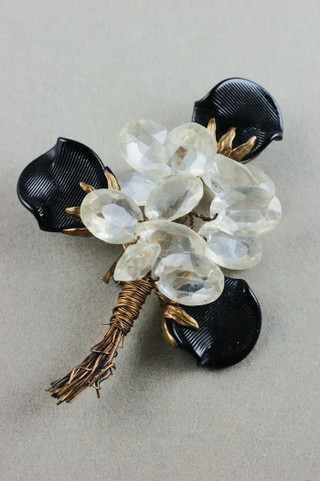 Surrealist spiky floral brooch bouquet 1930s pin Haskell style wired petals black glass clear lucite