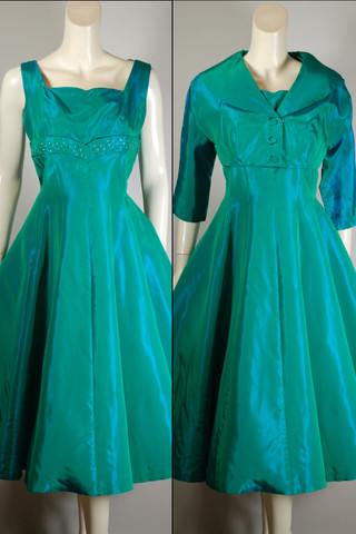 blue-green taffeta 1950s cocktail party dress with bolero jacket M 29 inch waist rhinestones metal studs trim