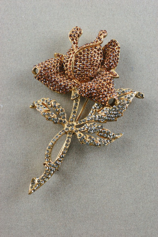 Flower rose pin 1950s 60s vintage pave rhinestones brooch amber topaz smoky gray gold-tone heavyweight large