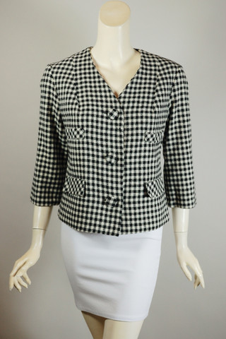 black cream off-white gingham check wool blend womens suit jacket mod 1960s XS S 36 38 chest