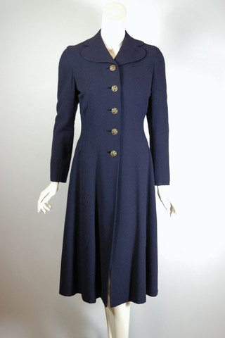 Navy blue wool lightweight ladies coat late 1930s XXS XS petite trapunto butterflies