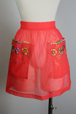 Red sheer nylon vintage apron 1950s floral embroidery trim Valentines Day vintage pin-up XS-L