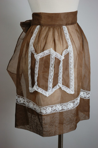 dark brown sheer cotton organdy white lace trim hostess apron 1950s full skirted style size XS to L