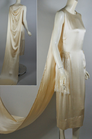 1920s sleeveless cream silk satin wedding dress sleeveless with detachable train fringed trim XS 33 inch bust and hips