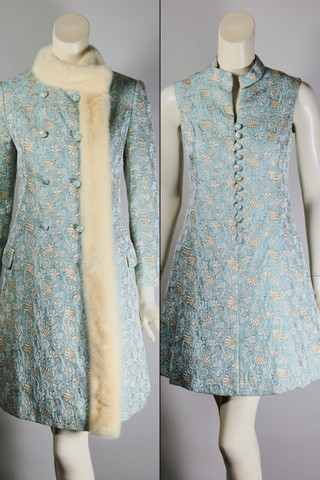 Vintage wedding going-away outfit cream aqua blue gold brocade 1960s dress coat set XS 32-34 bust