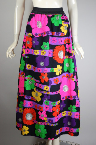 black neon dayglo floral barkcloth late 1960s early 70s maxi skirt elastic waist S-M