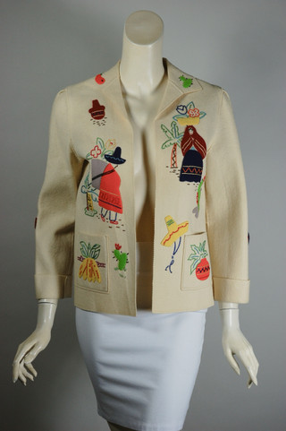 burro corn cacti appliques Mexican tourist jacket 1950s XS cream wool colorful embroidery