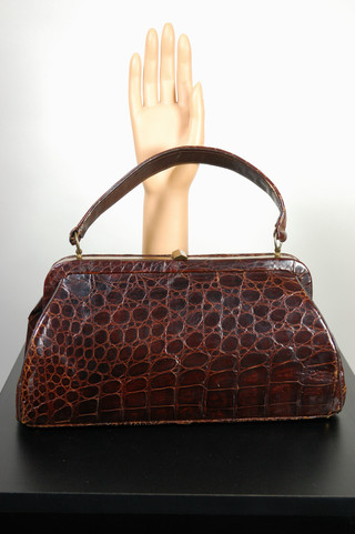 chocolate brown alligator skin handbag 1950s vintage purse top handle bag by Sterling leather lined