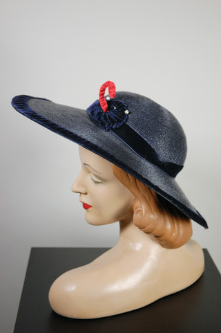 Navy blue straw hat wide brimmed 1950s hat garden party wedding guest sunhat
