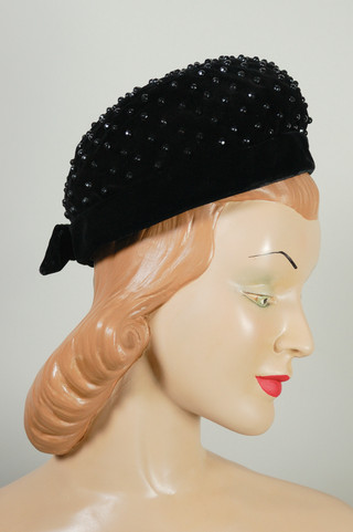 Sally Victor tall bubble crown 1960s pillbox hat black velvet metal studs trim Jackie Kennedy style
