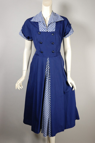 true vintage 1950s cotton dress full skirt navy blue white gingham check 29 inch waist size S-M