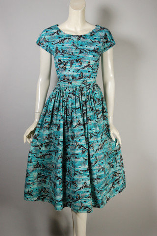 1940s 1950s novelty print cotton dress 35 inch bust 25 inch waist aqua black seaside village spooky design