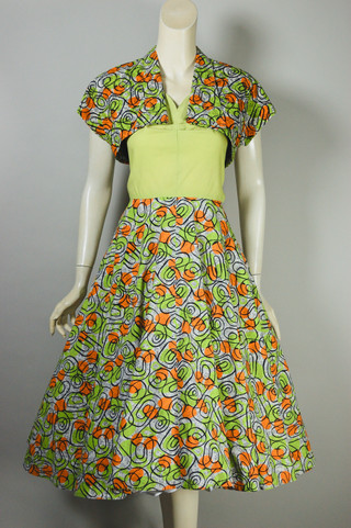 full-skirted 1950s cotton halter sundress spirals novelty print orange green size XS 25 26 waist