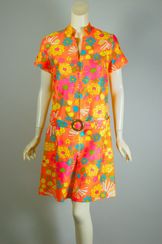 Go-go girl festival style orange floral print cotton 1960s romper scooter dress deadstock S to M