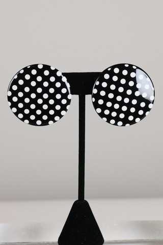 clip-on earrings totally 80s black white polka dots big button style