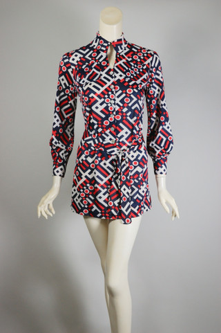 early 70s vintage dress micro mini groovy geometric print XS 34 inch bust 37 hips