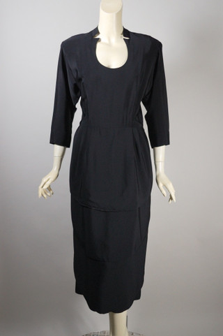 Adele Simpson designer late 1940s cocktail dress black rayon peplum size S 27 waist 40 inch hips