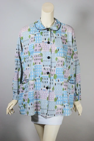novelty print cotton top artist smock blouse 1950s size M to L up to 44 inch bust