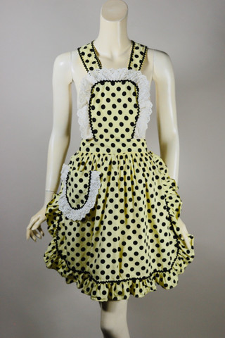 yellow black polka dots bib apron 1940s lace trim pin-up style 29 inch waist XS-M