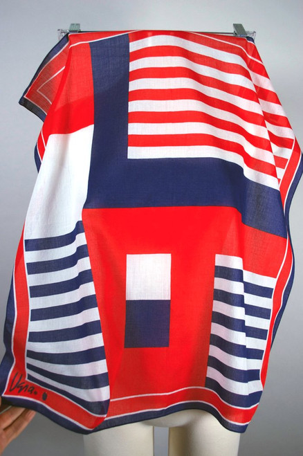 Nautical stripes red blue cotton scarf square bandana by Vera 1960s 70s