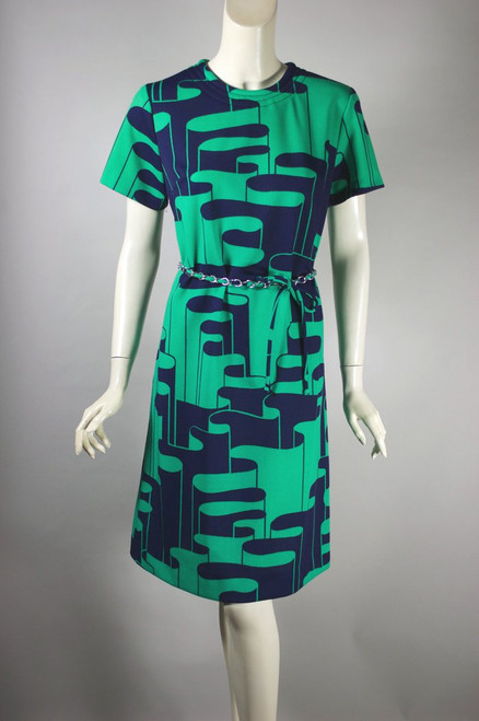 op art ruffle print 70s dress with chain belt M-L 41 bust teal navy