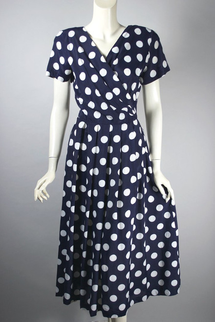 Oleg Cassini Princess Diana style dress late 80s navy white polka dots S 26 waist