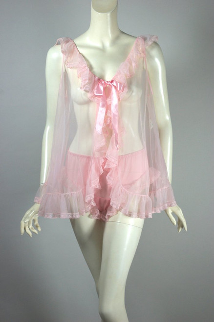 Pink sheer nylon 1960s babydoll and panty set vintage lingerie S-M