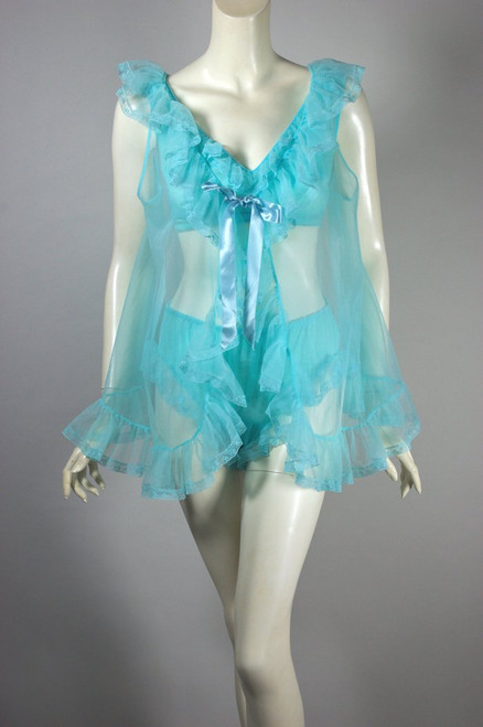 Aqua blue nylon sheer 1960s babydoll set matching bra panty S-M